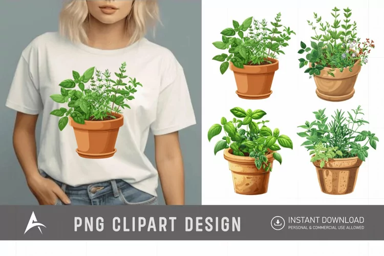 Watercolor Herbs in Pots Clipart