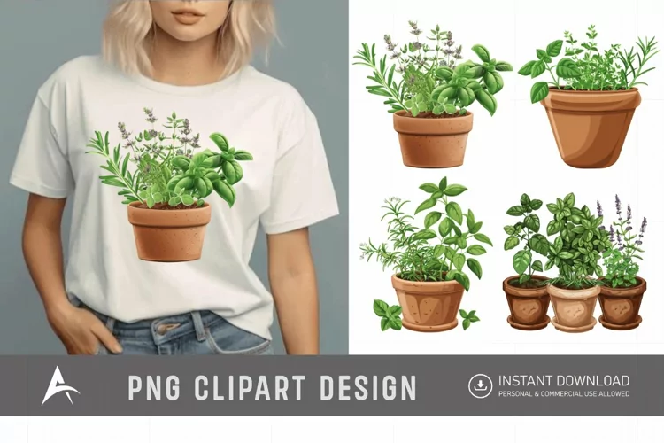 Watercolor Herbs in Pots Clipart