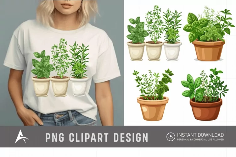 Watercolor Herbs in Pots Clipart