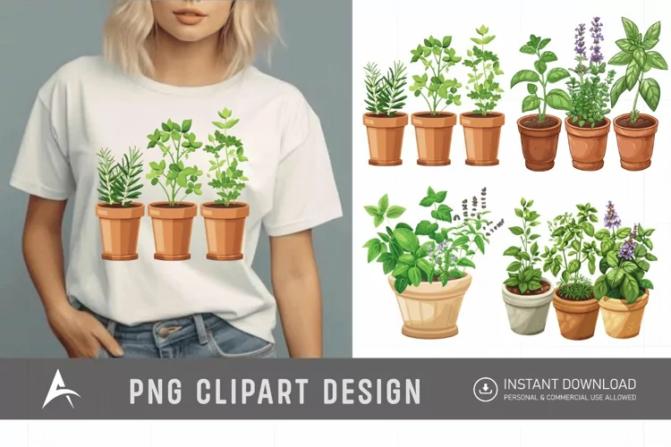 Watercolor Herbs in Pots Clipart