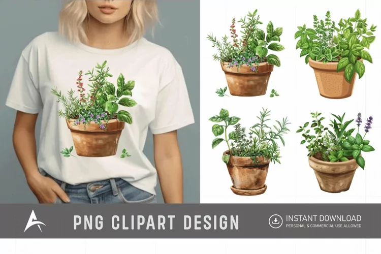 Watercolor Herbs in Pots Clipart