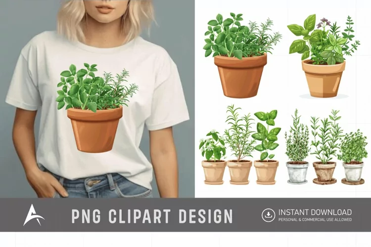 Watercolor Herbs in Pots Clipart