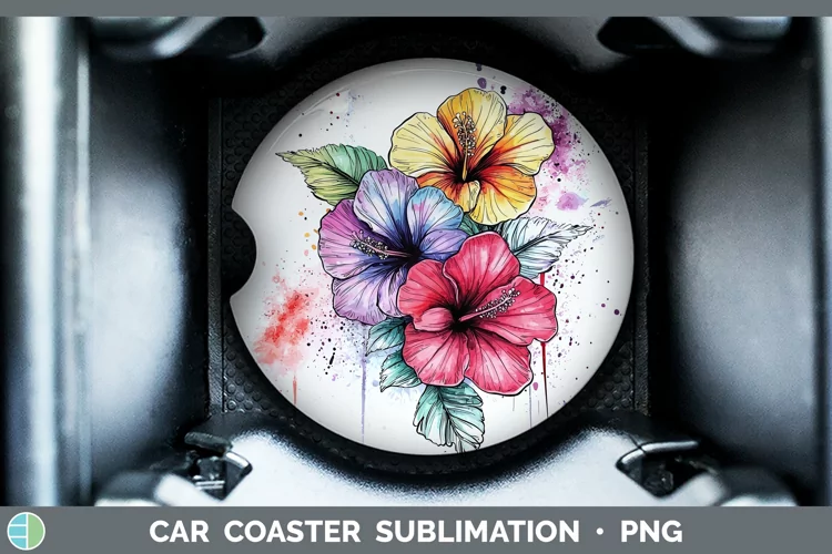 Watercolor Hibiscus Car Coaster Sublimation Designs