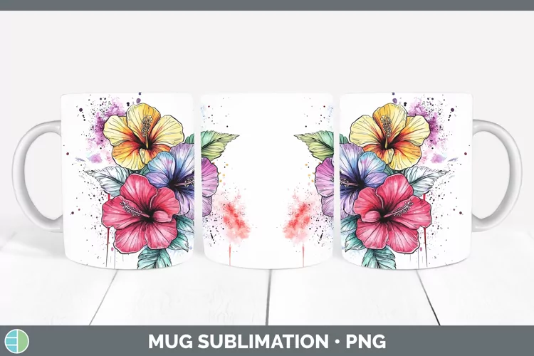 Watercolor Hibiscus Mug Wrap Sublimation Coffee Cup Designs