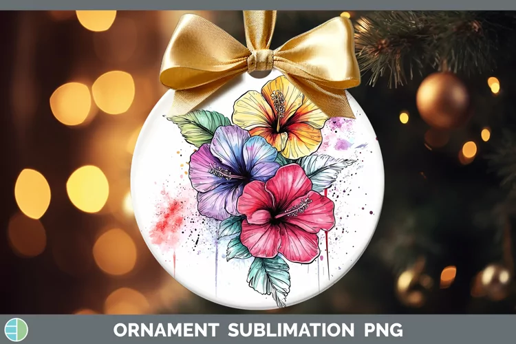 Watercolor Hibiscus Ornament Sublimation Bauble Designs