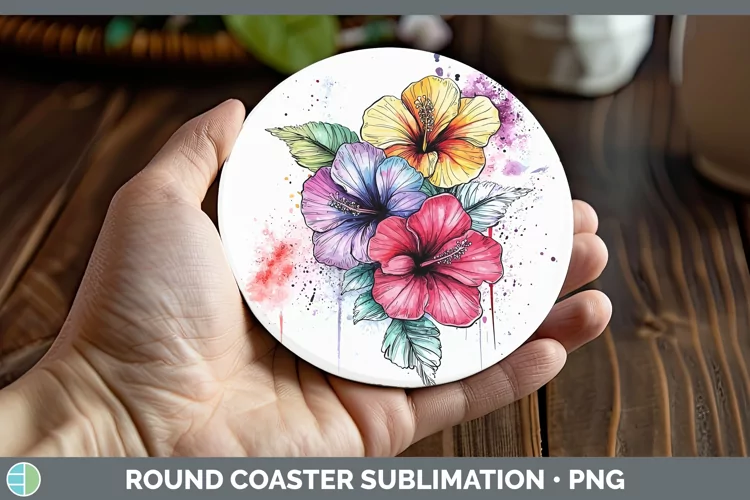 Watercolor Hibiscus Round Coaster Sublimation Coaster Design