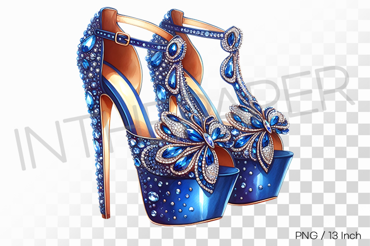 Blue glitter fabric and jewelry butterfly strap high heels