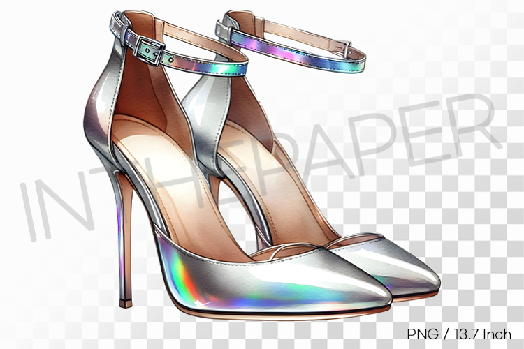 Luminous cyber style silver holographic high heels PNG art