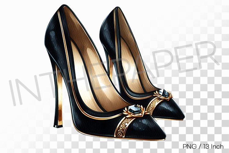 Gold lining metal toe cap black leather high heels PNG art