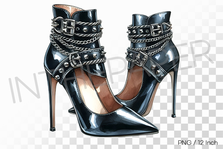 Edgy black leather high heels with silver chains and buckles