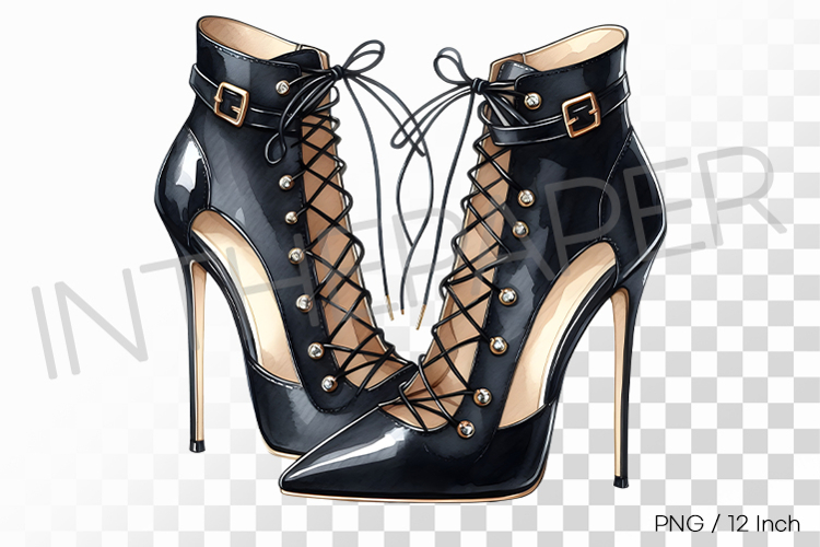 Sexy corset lace up design black leather high heels PNG ART