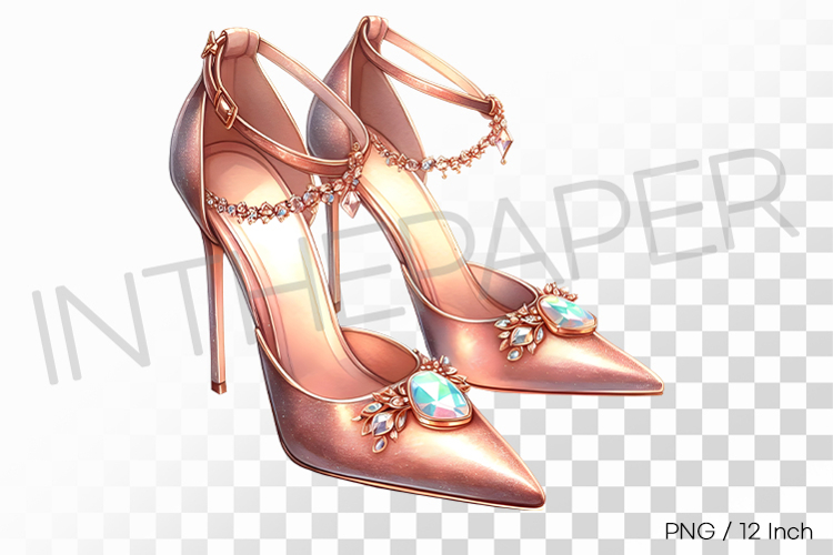 Instep wrapping pearl chain strap rose gold high heels PNG