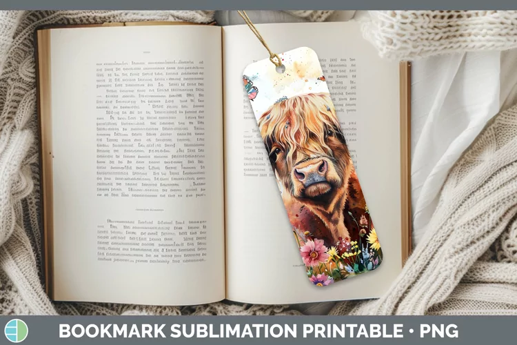 Watercolor Highland Cow Bookmark Sublimation Printable Desig