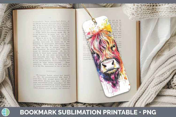 Watercolor Highland Cow Bookmark Sublimation Printable Desig