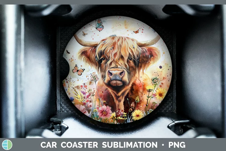 Watercolor Highland Cow Car Coaster Sublimation Coaster Desi