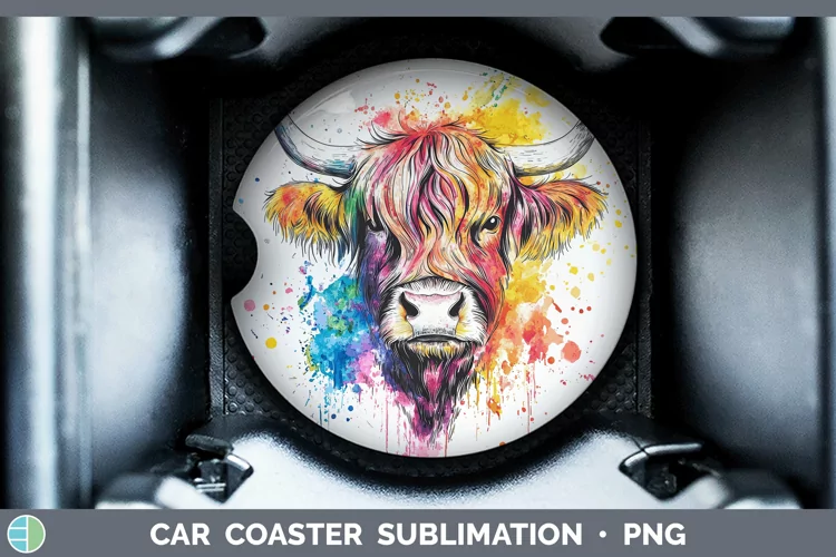 Watercolor Highland Cow Car Coaster Sublimation Designs