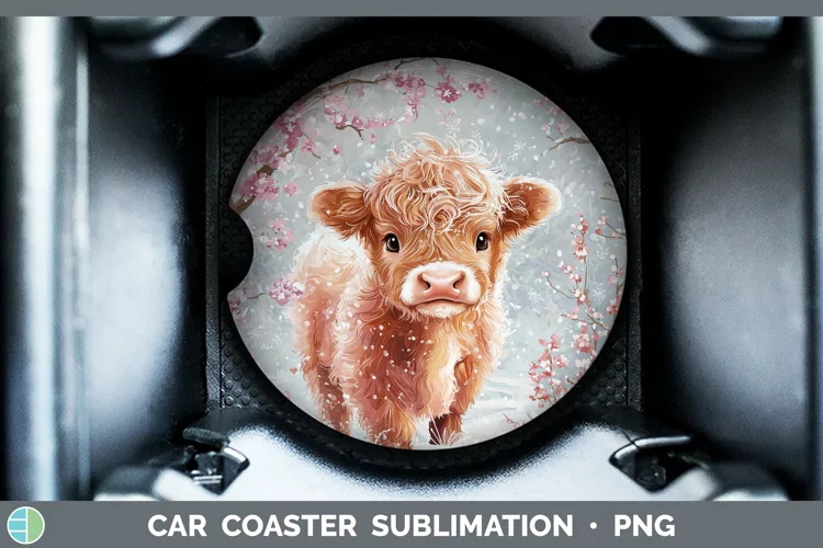 Watercolor Highland Cow Car Coaster Sublimation Designs