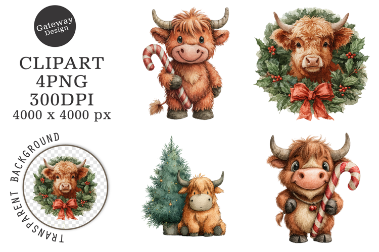 Watercolor Highland Cow Christmas Clipart