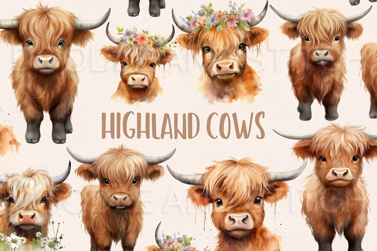 Cute Watercolor Highland Cow Clipart Illustrations