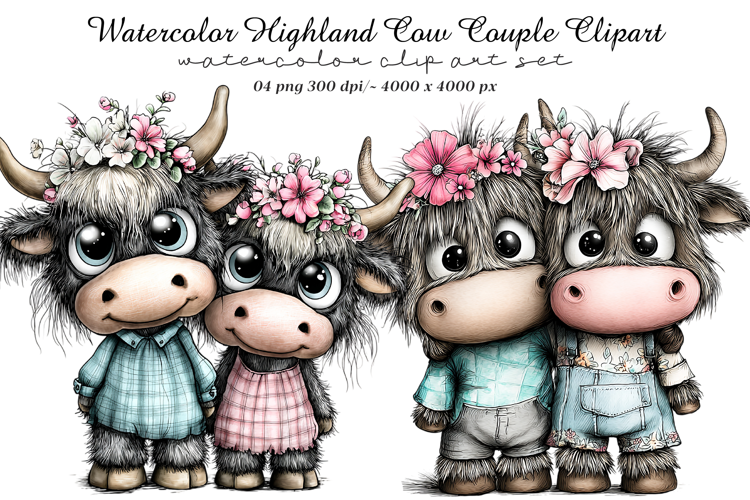 Watercolor Highland Cow Couple Clipart