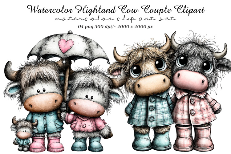 Watercolor Highland Cow Couple Clipart