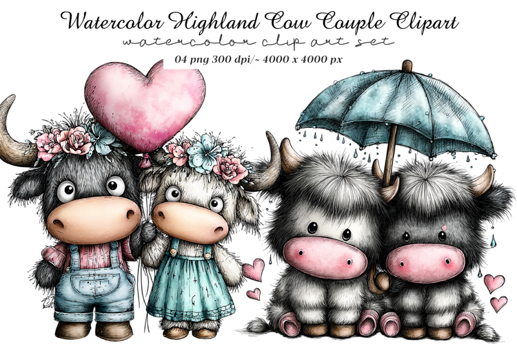 Watercolor Highland Cow Couple Clipart