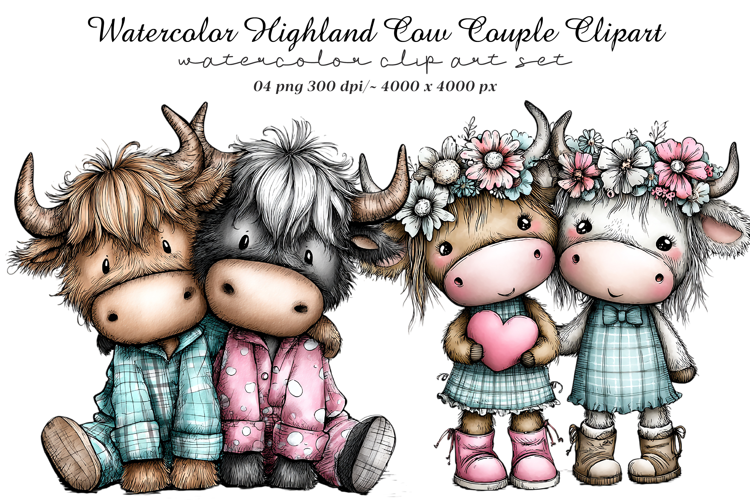Watercolor Highland Cow Couple Clipart