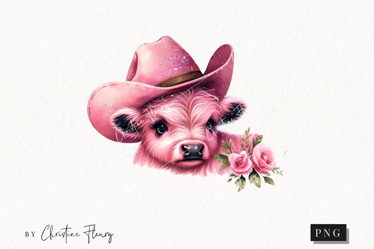 Pink Cowgirl Highland Cow PNG | Cowgirl PNG