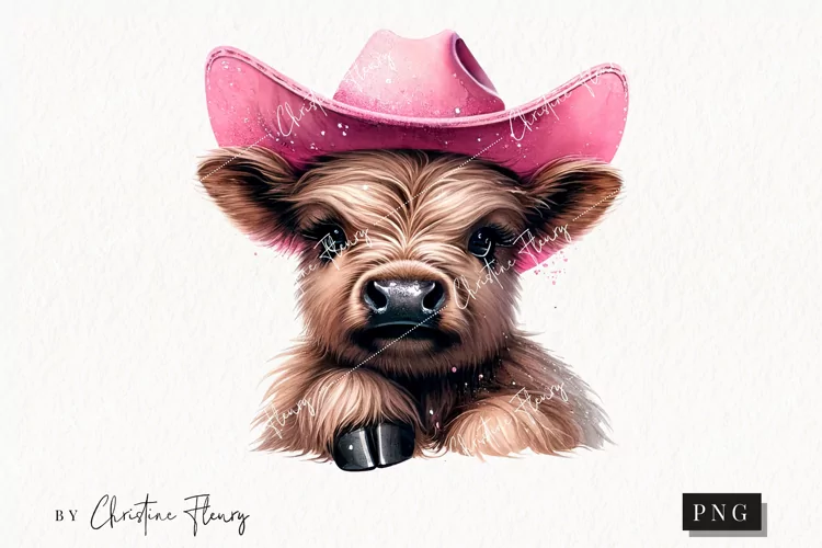 Pink Cowgirl Highland Cow PNG | Cowgirl PNG