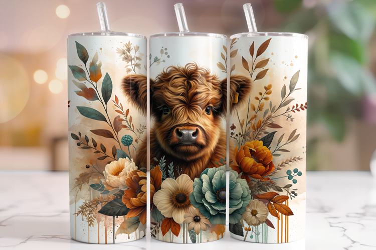Floral Highland Cow Tumbler Wrap, Cute Highland Cow Tumbler