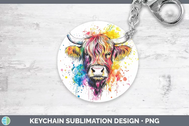 Watercolor Highland Cow Keychain Sublimation Keyring Designs