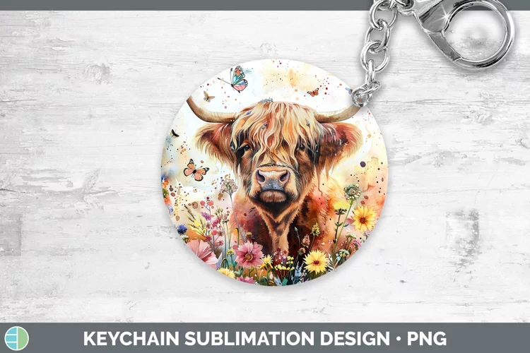 Watercolor Highland Cow Keychain Sublimation Keyring Designs