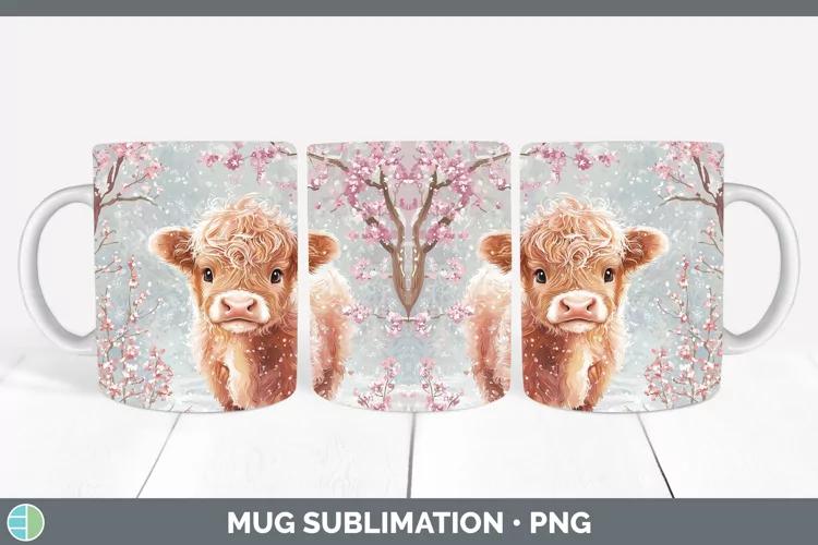 Watercolor Highland Cow Mug Wrap Sublimation Coffee Cup Desi