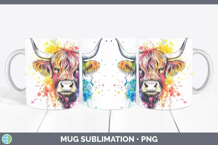 Watercolor Highland Cow Mug Wrap Sublimation Coffee Cup Desi