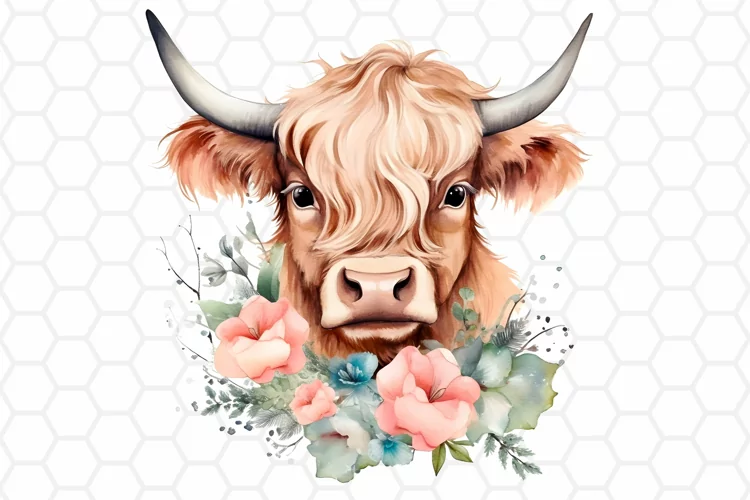 Watercolor Highland Cow Nursery Clipart, Sublimation PNG