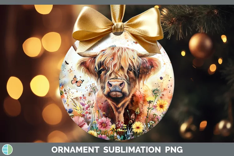 Watercolor Highland Cow Ornament Sublimation Bauble Designs