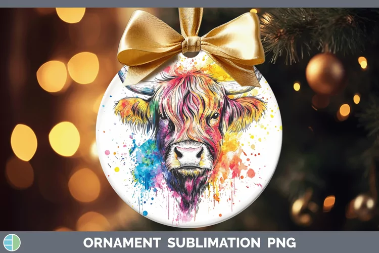 Watercolor Highland Cow Ornament Sublimation Bauble Designs