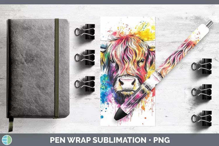Watercolor Highland Cow Pen Wrap Sublimation Pen Designs