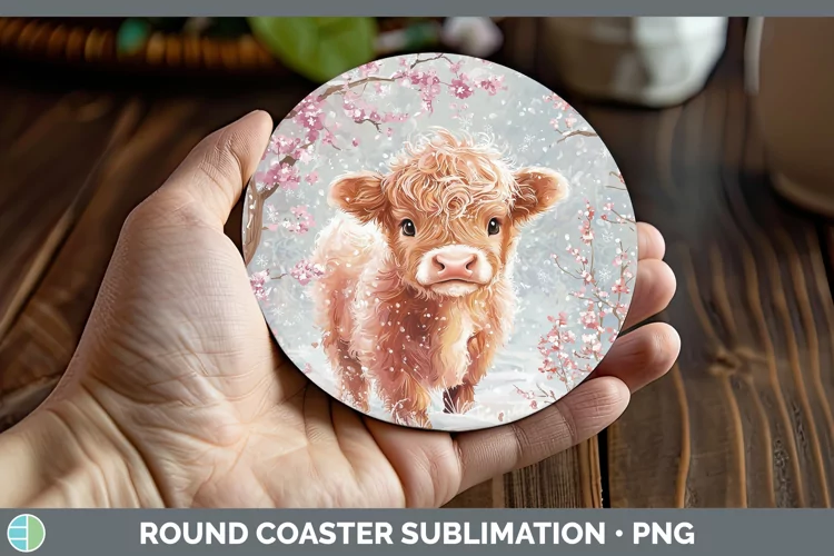 Watercolor Highland Cow Round Coaster Sublimation Coaster De