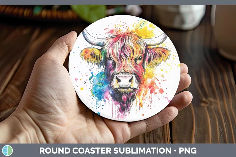 Watercolor Highland Cow Round Coaster Sublimation Coaster De