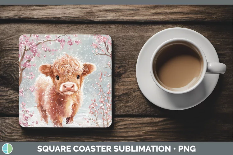 Watercolor Highland Cow Square Coaster Sublimation Coaster D