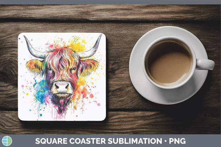 Watercolor Highland Cow Square Coaster Sublimation Coaster D
