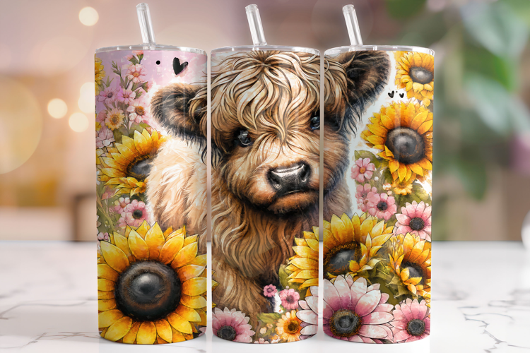 Floral Highland Cow Tumbler Wrap, Cute Highland Cow Tumbler