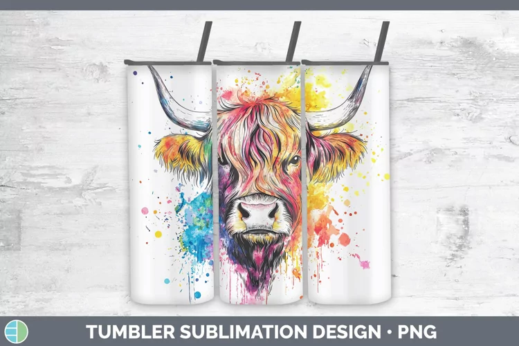 Watercolor Highland Cow Tumbler Sublimation 20 oz Skinny Tum