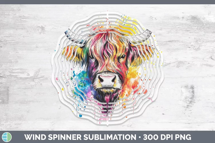 Watercolor Highland Cow Wind Spinner Sublimation Spinner Des