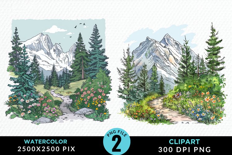 Watercolor Hiking Trails PNG Set Clipart example image 1