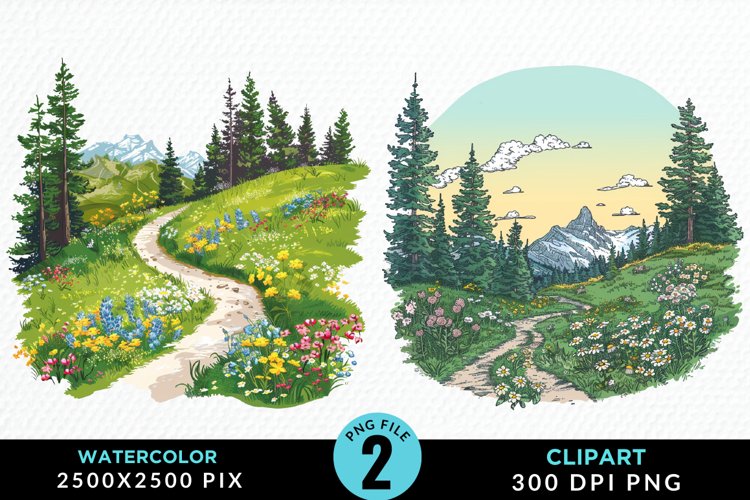 Watercolor Hiking Trails PNG Set Clipart example image 1