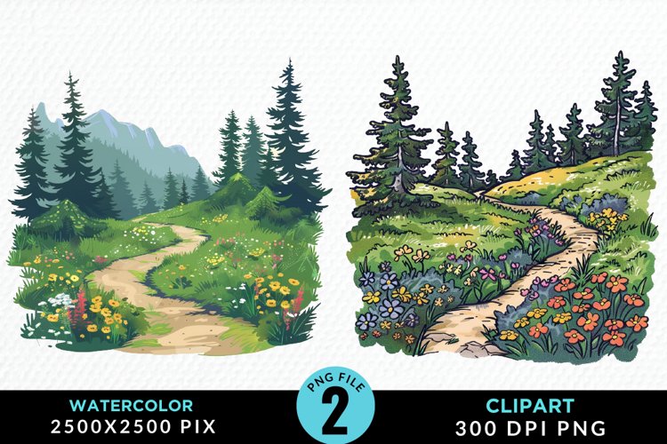 Watercolor Hiking Trails Illustration Clipart example image 1