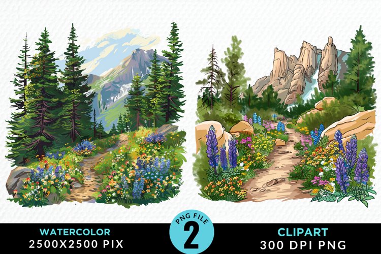 Watercolor Hiking Trails PNG Set Clipart example image 1