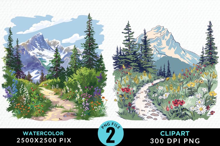 Watercolor Hiking Trails PNG Set Clipart example image 1